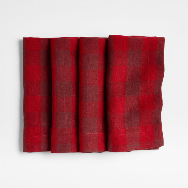 Marin Red EUROPEAN FLAX -Certified Linen Buffalo Check Napkin, Set of 4