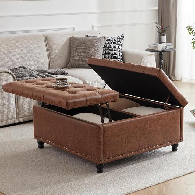 Tbfit Large Square Storage Ottoman Bench, Tufted Upholstered Coffee Table Ottoman with Storage, Oversized Ottomans Toy Box for Living Room，Brown