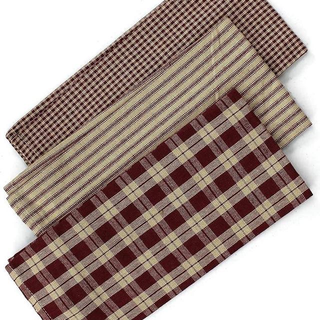 Rustic Covenant Woven Cotton Farmhouse Kitchen Tea Towels, 22 inches x 13 inches, Set of 3, Burgundy Red/Natural Tan