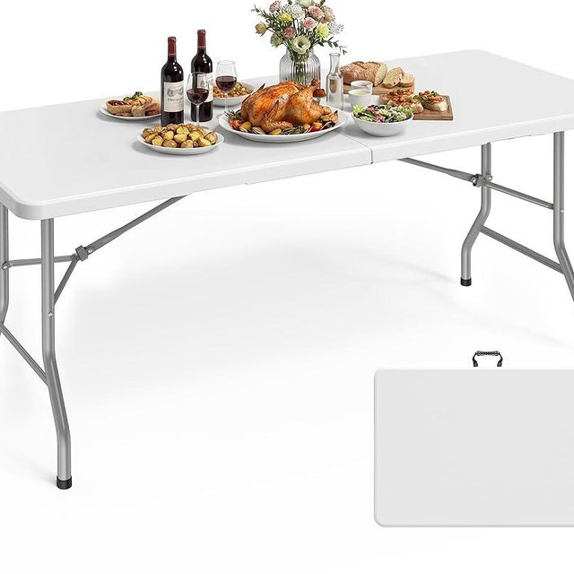 Pureegg 6FT Folding Table - No Assembly Required, Versatile Dining Table with Carrying Handle & Tabletop Safety Lock, Portable Foldable Table for Party, Craft, Camping, Picnic, White