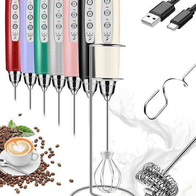 Nahida Beige Milk Frother Wand for Coffee, Frother Handheld with Stand Rechargeable Electric Whisk with 3 Heads 3 Speeds Drink Mixer Coffee Frother Foam Maker For Latte, Cappuccino, Hot Chocolate, Egg