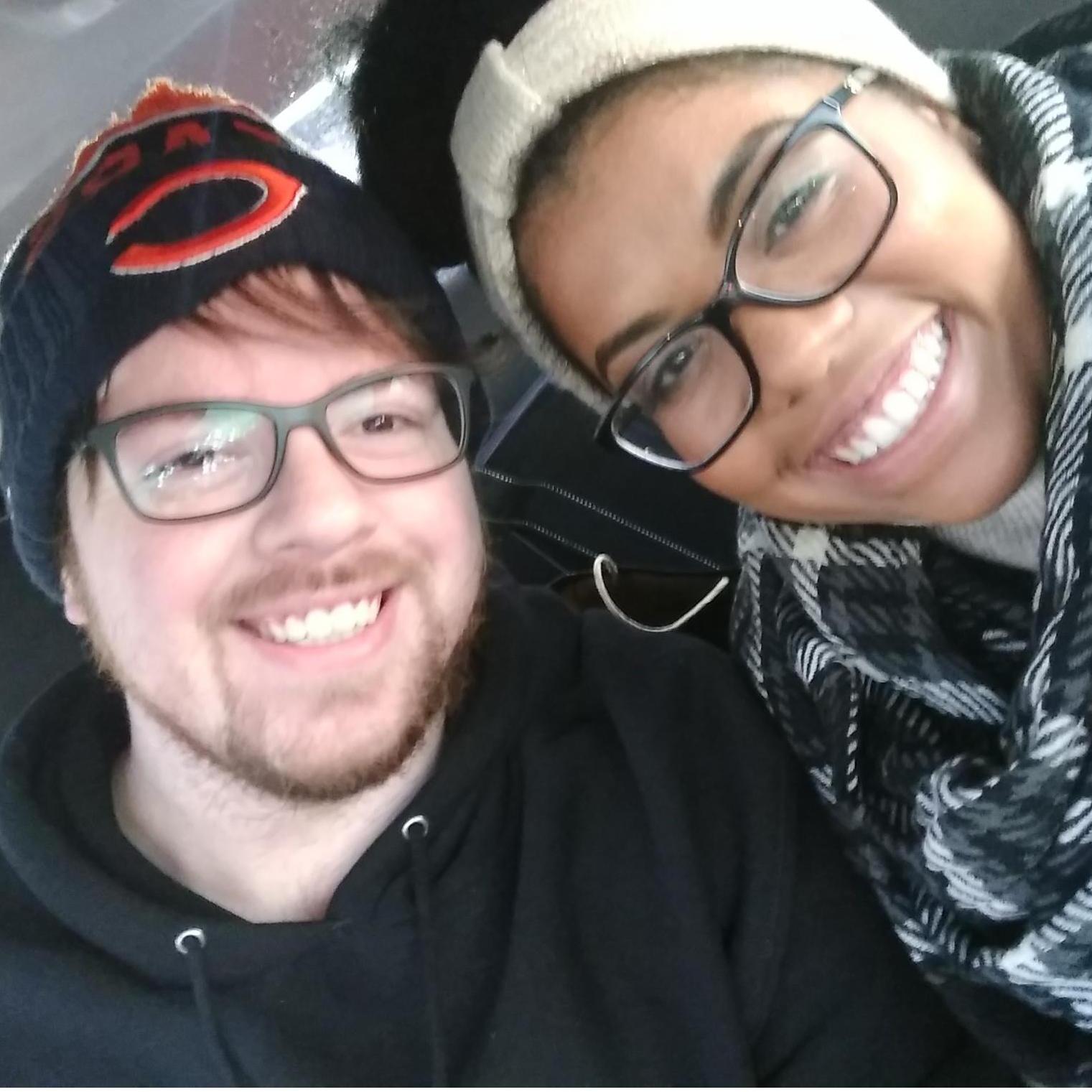 In the car, going downtown for a Christmas date