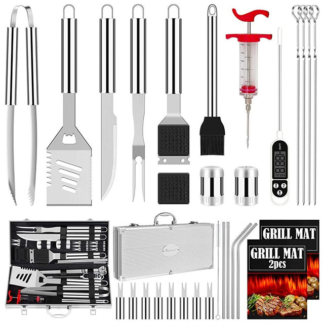 ROMANTICIST 31pcs Stainless Steel Grill Tool Set, Heavy Duty BBQ Grilling Accessories for Men Women, Non-Slip Grill Utensils Kit with Thermometer Mats in Aluminum Case for Outdoor, Camping Silver