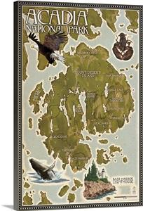Acadia National Park, Maine - Map: Retro Travel Poster Wall Art