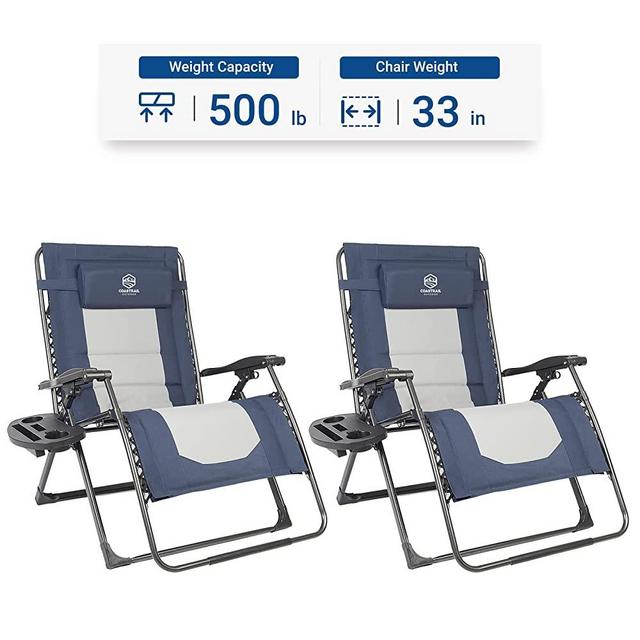 Coastrail Outdoor Zero Gravity Chair Oversized XXL 33.5" Patio Padded Reclining Lounger with Pillow, Side Table for Camping, Lawn, Garden Blue/2pack