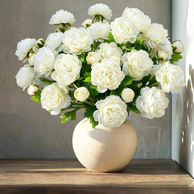 12PCS Peonies Artificial Flowers Fake Ranunculus Flowers 3 Heads 19.6'' Faux Silk Flowers Real Touch Bouquet Peonies with Stems White Flower Arrangement for Home Wedding Table Centerpiece Indoor Decor