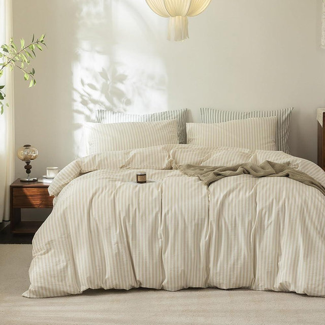 FOSSA Striped Duvet Cover Set 100% Washed Cotton Linen Feel Super Soft Breathable Cozy 3 Pieces Bedding Sets Almond Milk Grey Classic Stripes Queen