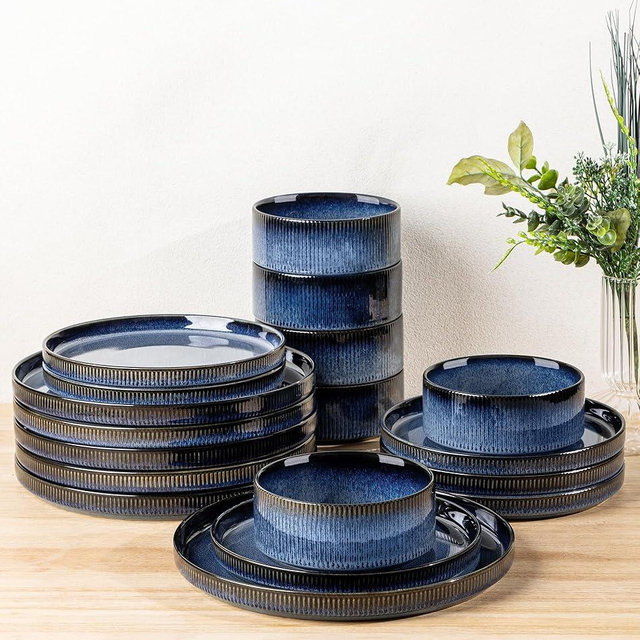 TheTerra Ceramic Dinnerware Sets for 6, 18 Pieces Porcelain Lightweight Speckled Plates and Bowls Sets, Scratch Resistant Dish Set, Oven & Microwave & Dishwasher Safe, Starry Blue