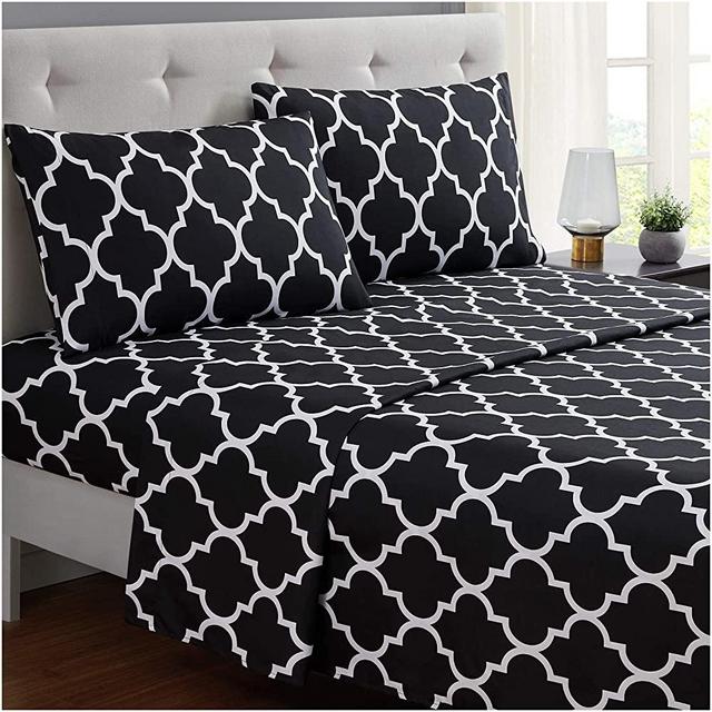 Mellanni Bed Sheet Set King-Black - Brushed Microfiber Printed Bedding - Deep Pocket, Wrinkle, Fade, Stain Resistant - 4 Piece (King, Quatrefoil Black)
