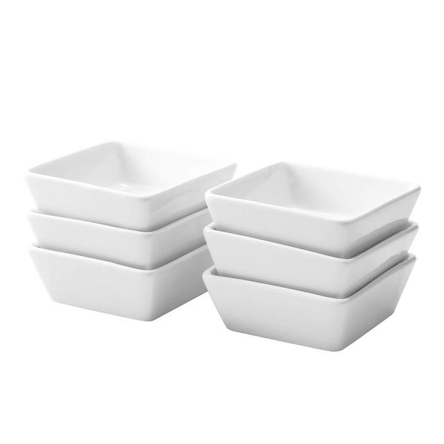 Bruntmor 4 Oz White and Teak Square ramekins Ceramic Ramekin Set of 6, White