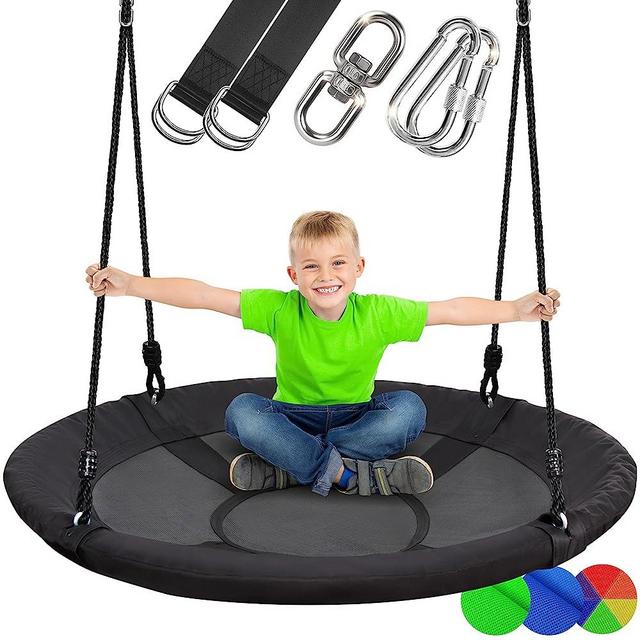 SereneLife Saucer Swing with Hang Kit, Outdoor Tree Swing with Swivel Spinner for Kids (Black)