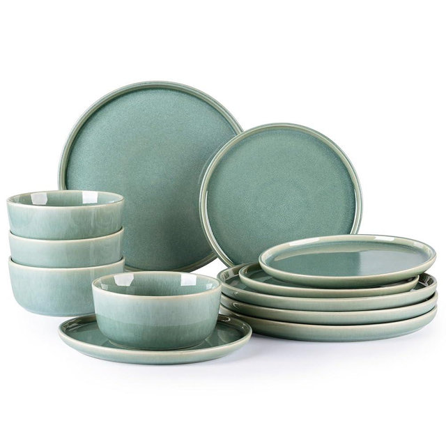 GBHOME Ceramic Dinnerware Sets for 4, 12 Pieces Stoneware Plates and Bowls Sets, Scratch Resistant Dishes, Dishwasher & Microwave Safe, Reactive Glaze-Malachite Green