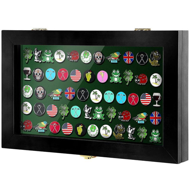 Silipull 40 Golf Ball Marker Display Case Full Magnetic Backing 15.5" W x 9.5" H Wall Mount Wooden W/98% UV Acrylic Door Lockable Storage Display Box for Ball Marker Collection(Black)