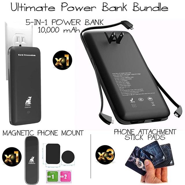 5 in 1 Power Bank Bundle with Phone Attachment Mount Included | Built-in Flip-Out AC Plug | Built-in All 3 Major Charging Cables | Powerful Portable Charger 10000mAh