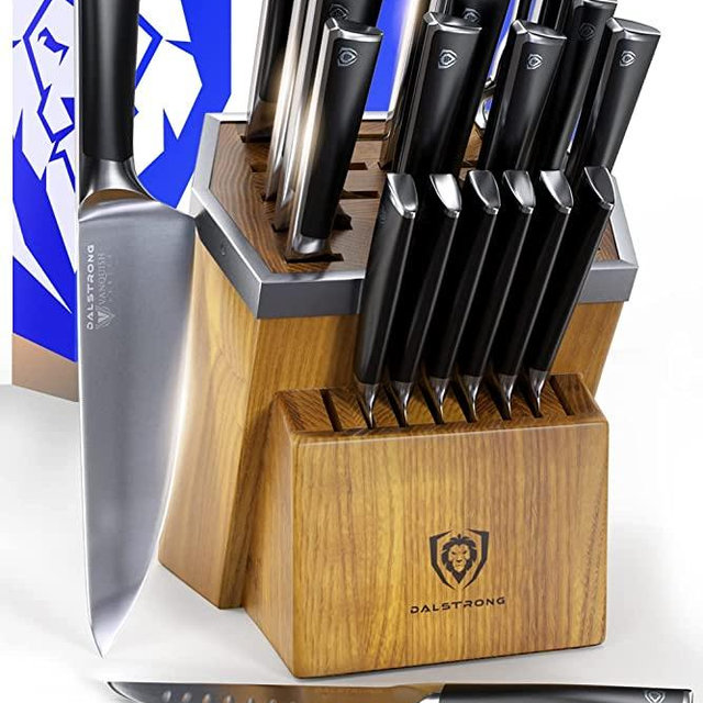 Dalstrong 24 Piece Knife Block Set with Kitchen Scissors- Vanquish Series - Forged High Carbon German Steel - POM Black Handle - NSF Certified - 8 Steak Knives - with Sharpener