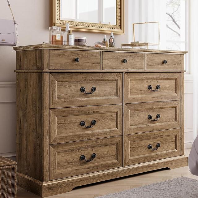 LINSY HOME Dresser for Bedroom, 9 Drawer Wood Farmhouse Chest, Tall Vintage Dressers with Deep Storage Drawers, Wide Large Dresser, Accent Wide Storage Cabinet for Bedroom, Living Room, Rustic Brown
