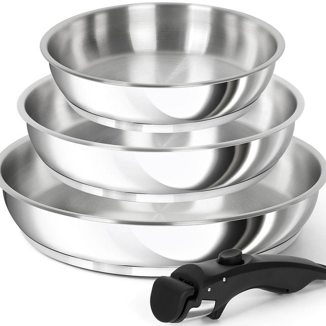 MICHELANGELO Stainless Steel Frying Pan Set, Cooking Pans with Removable Handle, Triply Base Stainless Steel Pan Set, Induction Compatible Skillet- 8" & 9.5" & 11"