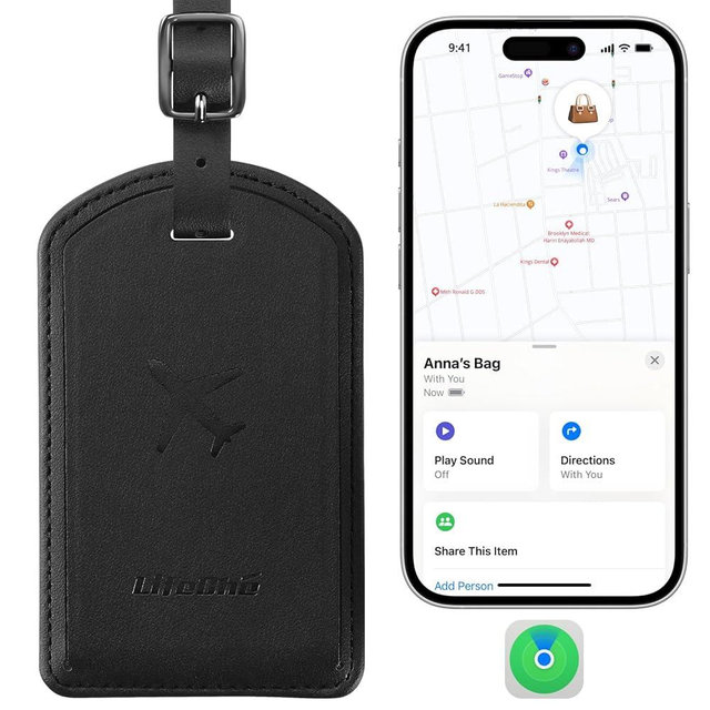 Luggage Tags Built-in Anti-Loss Tracker, Luxury Leather Luggage Tags for Suitcase, Travel Bags, Backpacks, Travel Organizer for Lost Baggage Prevention (Black)