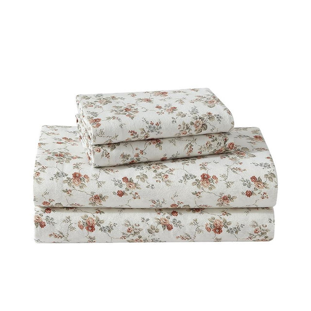 Laura Ashley - Queen Sheet Set, Cotton Flannel Bedding, Brushed for Extra Softness & Comfort (Le Fleur Orange, Queen)
