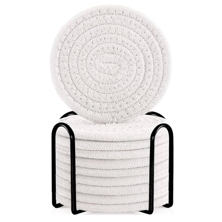 ABenkle Drink Coasters with Holder Set of 10, Cotton Woven Absorbent Coasters for Drinks, Minimalist Home Decor Coaster Set for Wooden Tabletop Protection Table, 4.3 inches