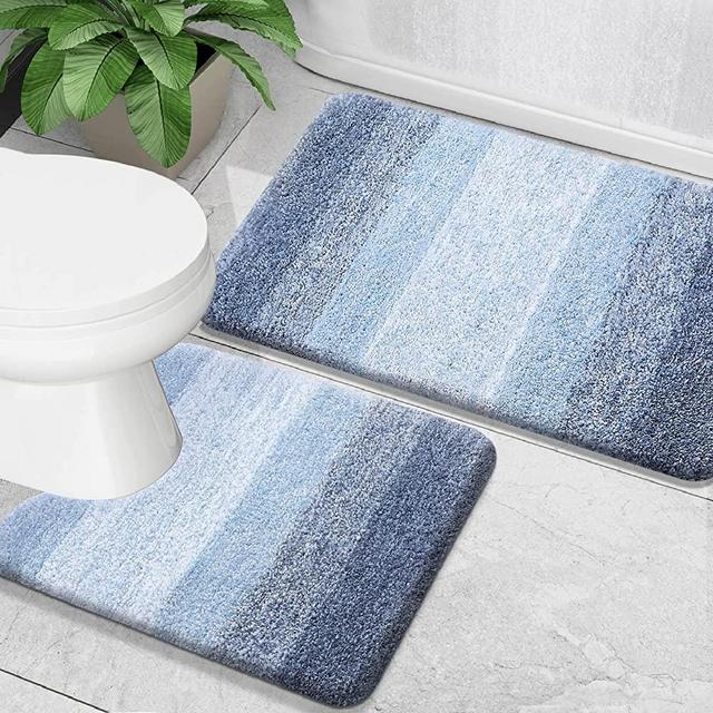 OLANLY Luxury Bathroom Rug Set 2 Piece, Soft Absorbent Microfiber Bath Rugs and U-Shaped Contour Toilet Rug, Non-Slip Bath Carpet, Machine Wash Dry, Bath Mats for Bathroom (24"x16"+24"x20", Blue)