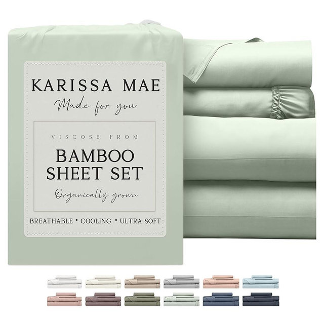 KARISSA MAE Cooling Bamboo Viscose King Size Sheet Set | 100% Organically Grown | 18” Deep Pocket | Silky, Soft, & Hypoallergenic | with Organizer Band & Elastic Corner Straps [Sea Glass]