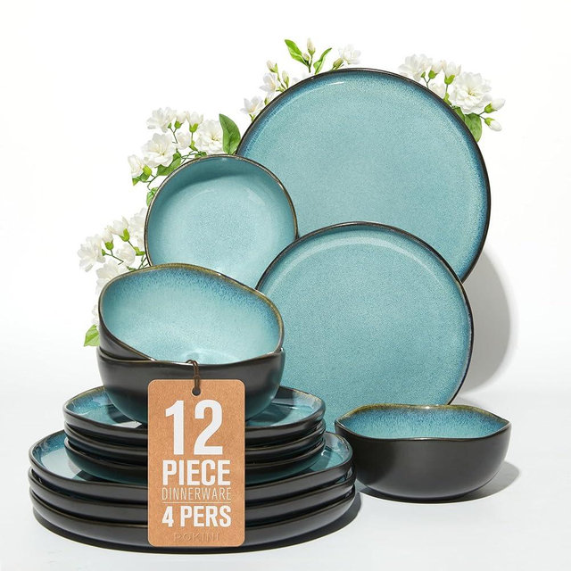 Pokini Stoneware Dinnerware Sets, Kitchen Plates and Bowls Set, Ceramic Dish Set for 4, Modern Chip & Scratch Resistant Dishware Sets, Durable Reactive Glaze Dinner Set, Green Black