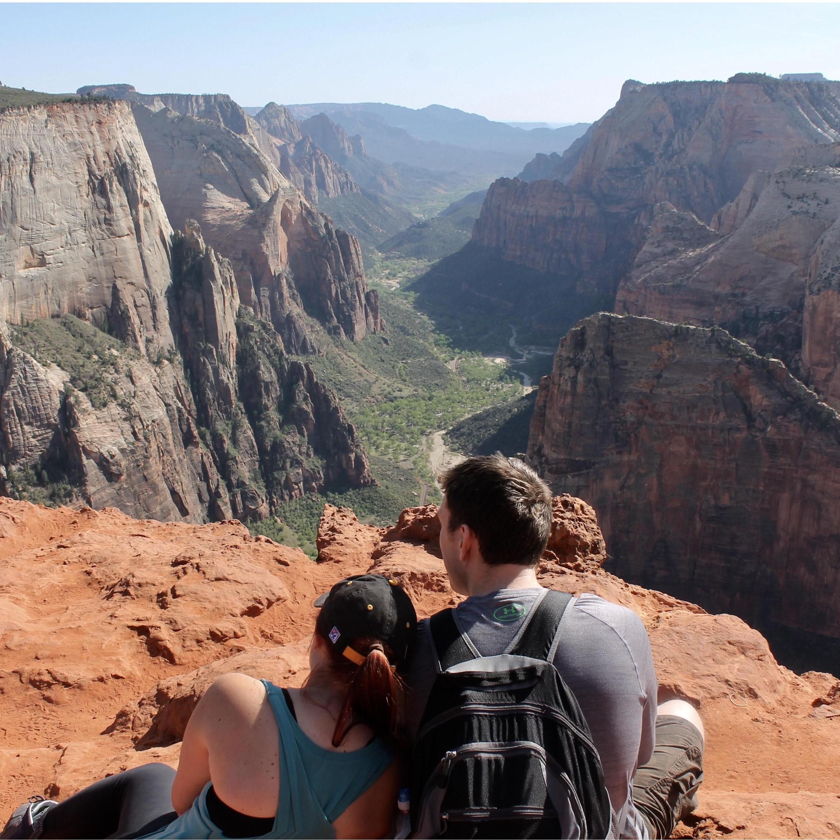 This photo was taken at Zion National Park in 2017 on our first national park trip together. We have had many hiking adventures since then!