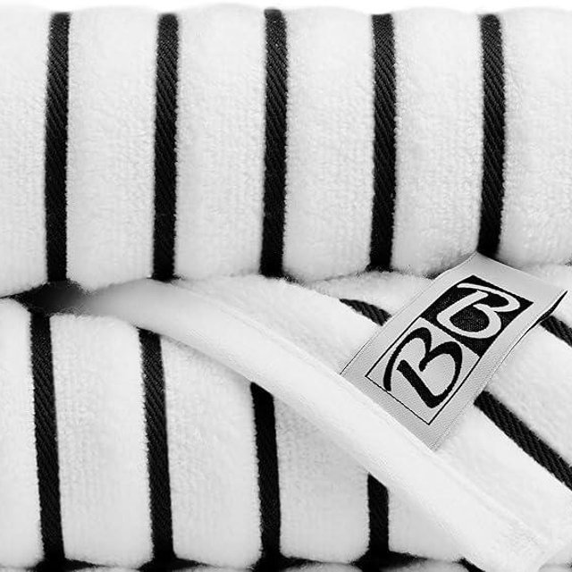 Black & White Brands Brazilian Beach/Pool/Bath Towel - Ultimate Absorbent Luxury XL 36x70 100% Cotton Wave (2 Towels, Black Poly Stripe)