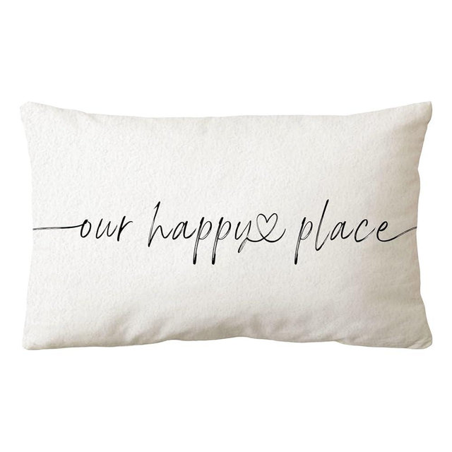 Sidhua Family Farmhouse Themed Pillowcase Decorations for Home, Our Happy Place Quote Farmhouse Rustic Throw Pillow Cover 12”x20”, Housewarming Gifts, Love Gifts