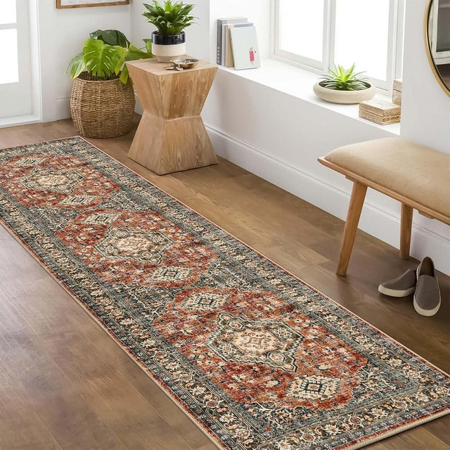 Lahome Oriental Hallway Runner Rug Non Slip, 2x8 Washable Runners for Hallways Kitchen, Vintage Non Skid Soft Long Carpet for Bedroom Bathroom Entryway, Brick Red