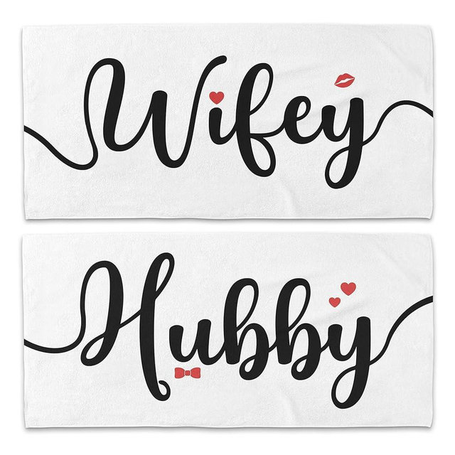 WAITPI Couple Wifey Hubby Beach Towel Set of 2, Honeymoon Wedding Beach Towels Valentines Gifts for Bride Groom Him Her, White Towels Oversized Decor for Bathroom 30x60 in