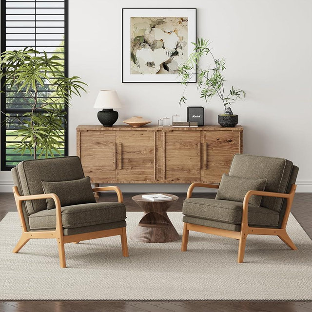 MALOL Accent Chair Set of 2 with Solid Wood Frame, Mid-Century Relaxing Armchair Lumbar Pillow& Soft Cushion, Reading Leisure Chair for Living Room, Bedroom, Waiting Room-Green