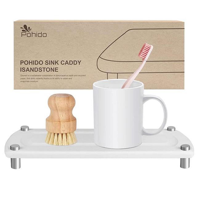 Instant Dry Sink Organizer, Sink Caddy Instant Dry Kitchen Sink Organizer Sponge Holder for Kitchen Sink Diatomaceous Pedestal Stand Riser with Stainless Steel Feet with Rubber Bottom for Modern Home