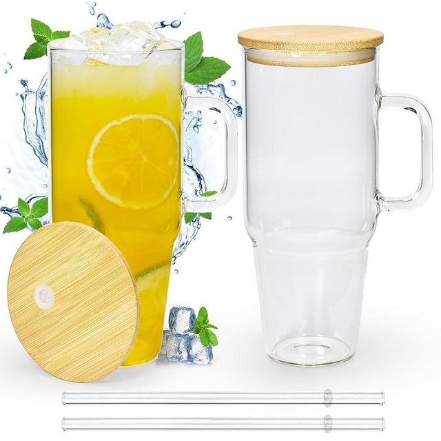 FECBK 40 oz Glass Tumbler with Handle 2 Pack Glass Tumbler with Straw and Lid Clear Glass Water Cup Reusable Iced Coffee Cup, Fits Car Cup Holder, BPA Free, for Boba Tea, Juice, Smoothie, Beer
