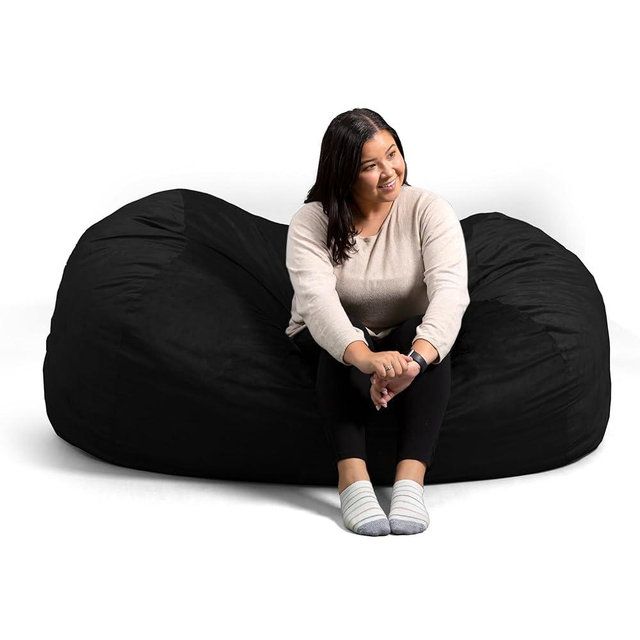 Big Joe Fuf XL Foam Filled Bean Bag Chair with Removable Cover, Black Plush, Soft Polyester, 5 feet Giant