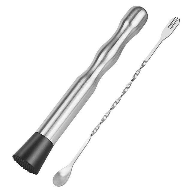 Muddler for Cocktails Bar Spoon - Vaincre 2PCS 9" Muddler and 10” Bar Spoon Cocktail Mixing Spoon, Stainless Steel Cocktail Muddler Long Drink Stirrer Bartender Spoon Cocktail Gifts for Mojitos Drinks