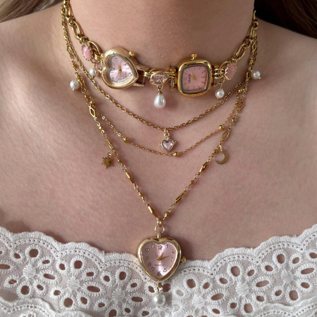 Pink Heart Watch Choker Necklace,Layered Gold Chain Jewelry,Cute Girls Clock Choker,Pearl Drop Charm Y2K Coquette Romantic Jewelry Gift