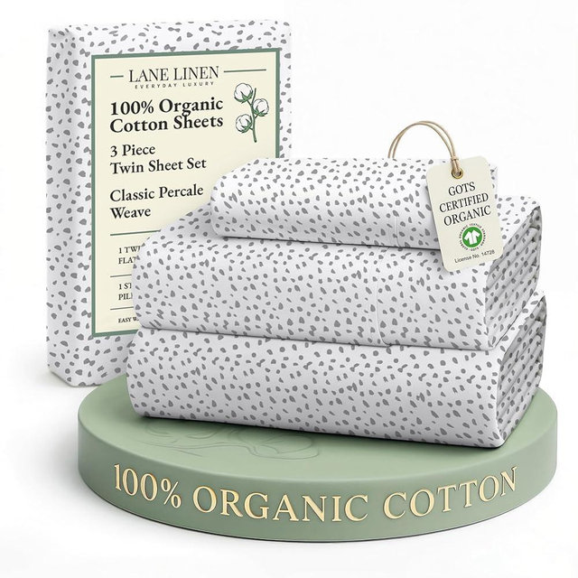 LANE LINEN 100% Organic Cotton Twin Bed Sheets, Mercerized Cotton Fully Elasticized Reinforsed Seam in Fitted Sheets Pocket Low Pill Fade Resistant Printed Sheets Twin Size Bed- Haze Grey