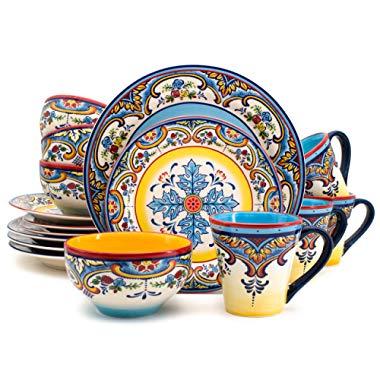 Euro Ceramica Inc. YS-ZB-1001 Zanzibar Collection Vibrant Ceramic Earthenware Dinnerware Set, 16 Piece, Spanish/Mexican Floral Design, Multicolor, Service for 4