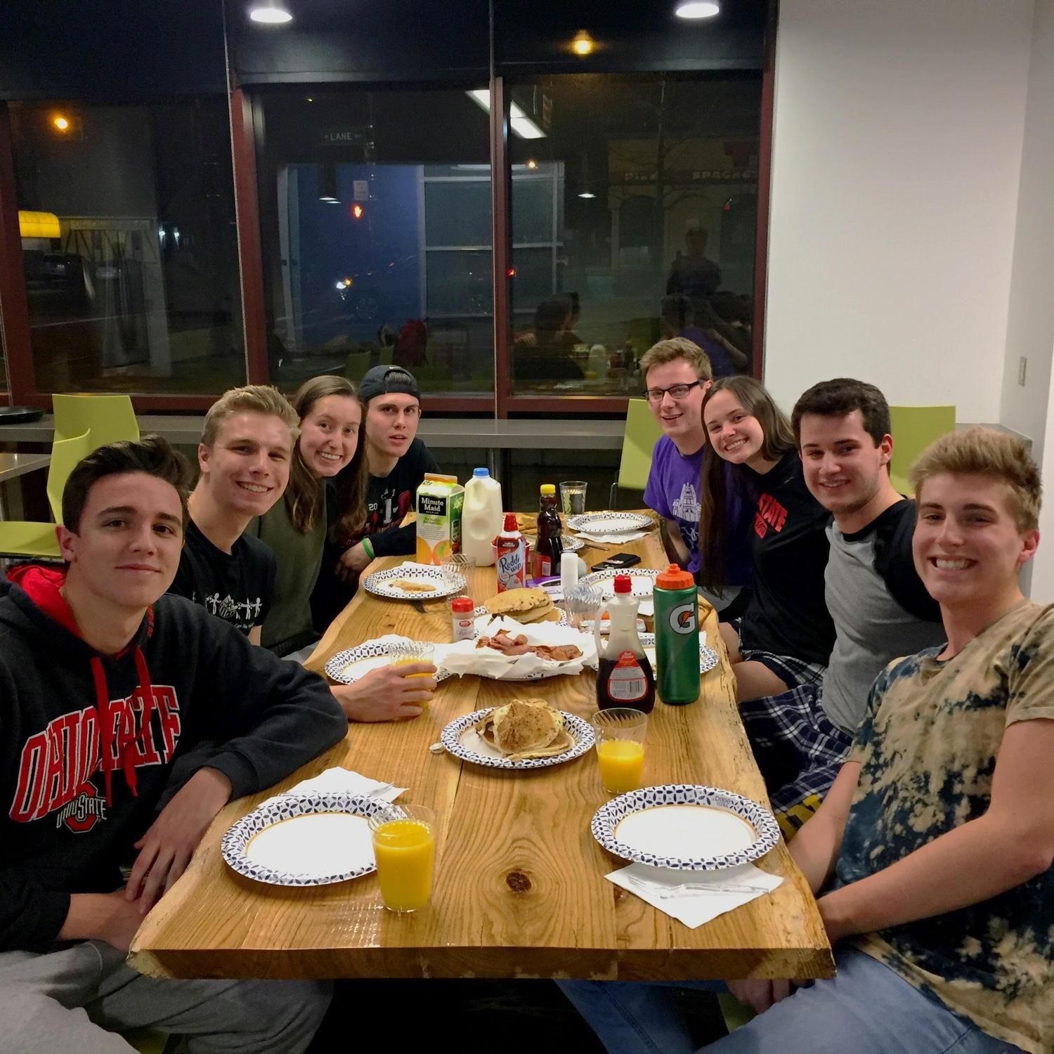 Jared and Liv lived on the same floor freshman year of college. Our floor became our friend group for the next four years! Here we all made a fantastic pancake dinner!