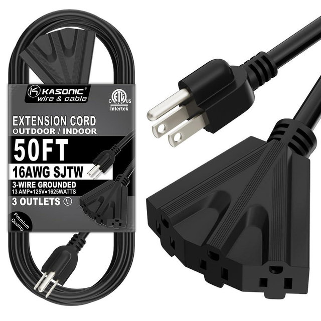 K KASONIC - 50 Ft Extension Cord with 3 Outlets, UL Listed 16/3 SJTW 3-Wire Grounded, 13A 125V 1625W for Indoor/Outdoor Use - Black