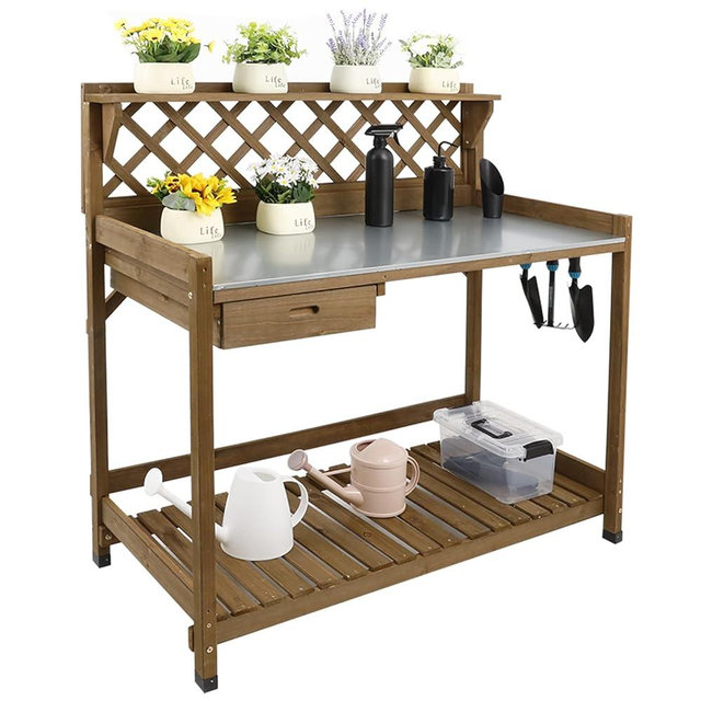 Ketive Garden Potting Bench with Metal Tabletop,Outdoor Potting Table Workstation Benches with Drawer/Storage Shelf，Fir Wood Potting Station Work Table with Open Shelf,Lattice Back (Brown)
