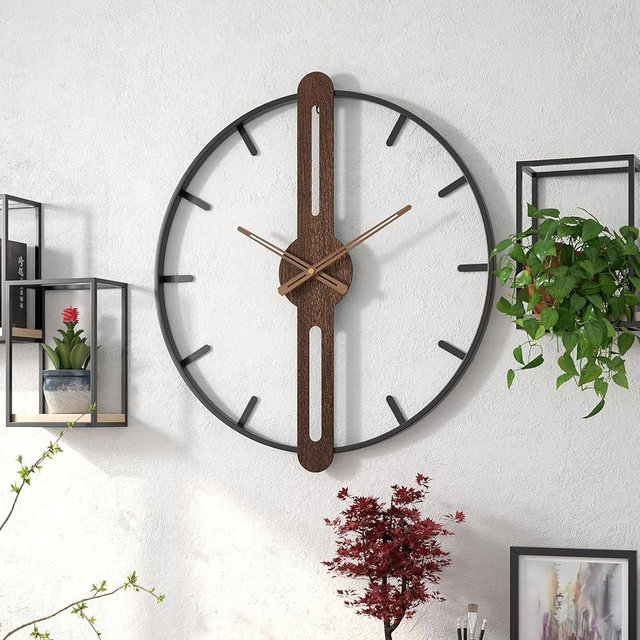 DAYDAYART Modern Walnut Dial Wall Clock, Wood Large Wall Clock Decor Metal Frame Silent Non Ticking for Living Room, Bedroom, Kitchen, Study Decoration, Handmade Home Gift Idea, 28 in (70 cm)