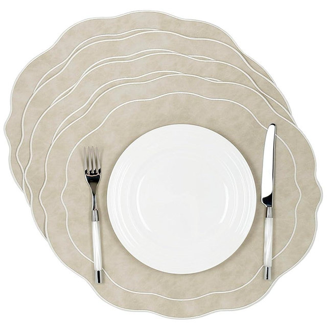 Bryonia Embroidered Scalloped Faux Leather Placemats Set of 4 - Earth Tone, Soft, Wipeable Luxury Dinner Table Mats for Dining & Wedding, Gift, 17.25" x 15", Ivory