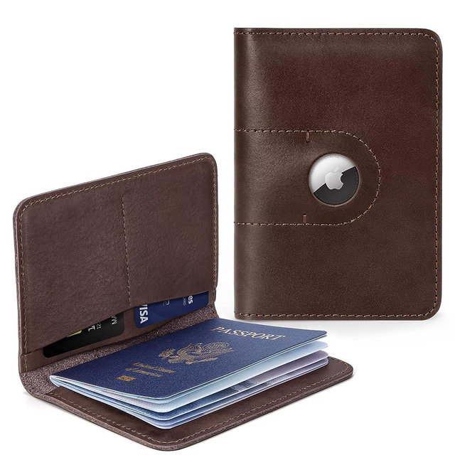 Genuine Leather Passport Holder Wallet Cover Case for Men, International Travel Must Haves Airport Essentials Passport Holder with Airtag Slot(Brown)