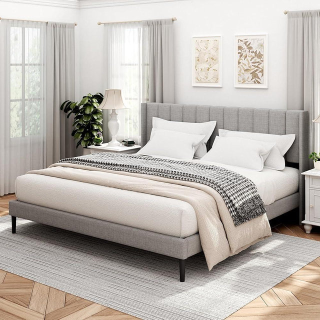 Sismplly Queen Size Bed Frame and Headboard,Vertical Channel Tufted Wingback No Box Spring Needed, Mattress Foundation, Easy Assembly Light Grey, Linen