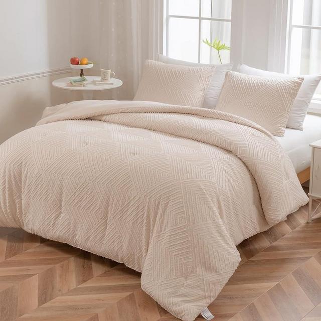 LAVACHEY Beige King Size Comforter Set, Boho Tufted Design Bedding Comforter Sets 3 Pieces, Lightweight and Fluffy for All Seasons (1 Comforter, 2 Pillowcases)