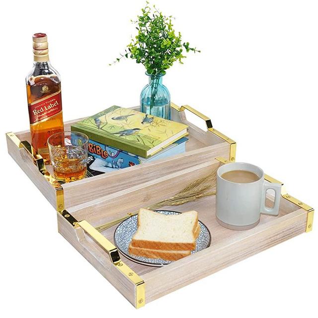 Spiretro Set of 2 Rectangular 16 x 12 inch Breakfast Serving Tray with Golden Metal Handles, for Coffee Table Tea Bar Food Bed Parties Kitchen Dining Living Room, Nested, Rustic Torched Wood - Grey