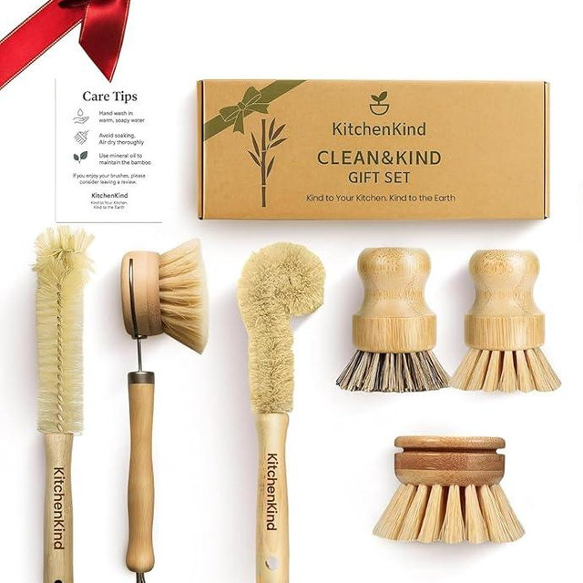 KitchenKind Clean & Kind Gift Set – Premium 6-Piece Eco-Friendly Bamboo Kitchen Brush Set with Natural Bristles & Wooden Handles